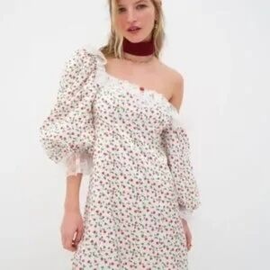 For Love And Lemons Nora Mini Dress Puff Bubble Sleeve White And Red Rosebud S